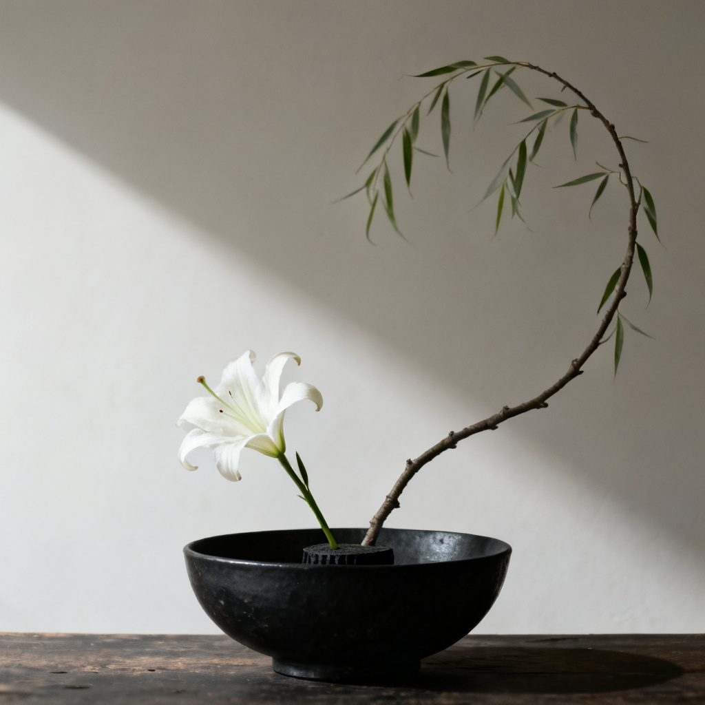AI minimalist ikebana arrangement with lily and branch