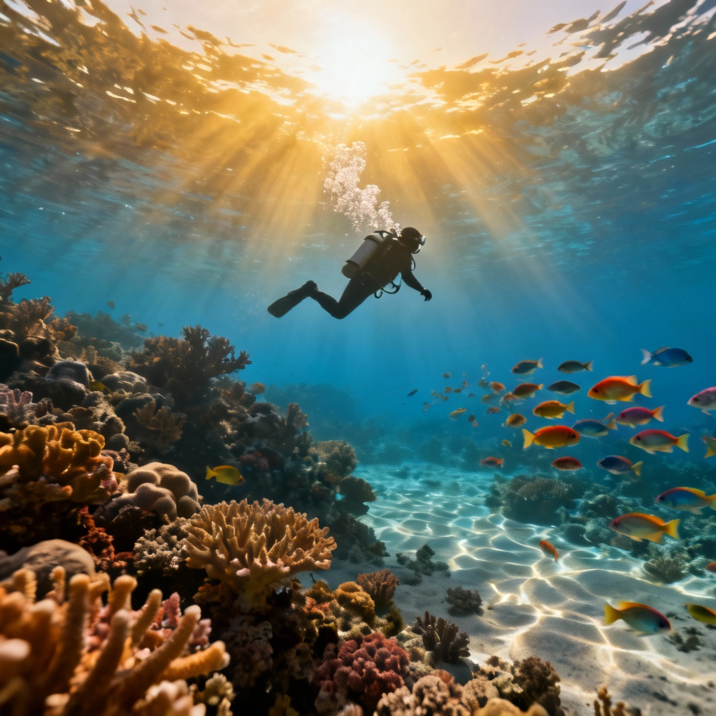 AI-generated scuba diver over coral reef with sun rays