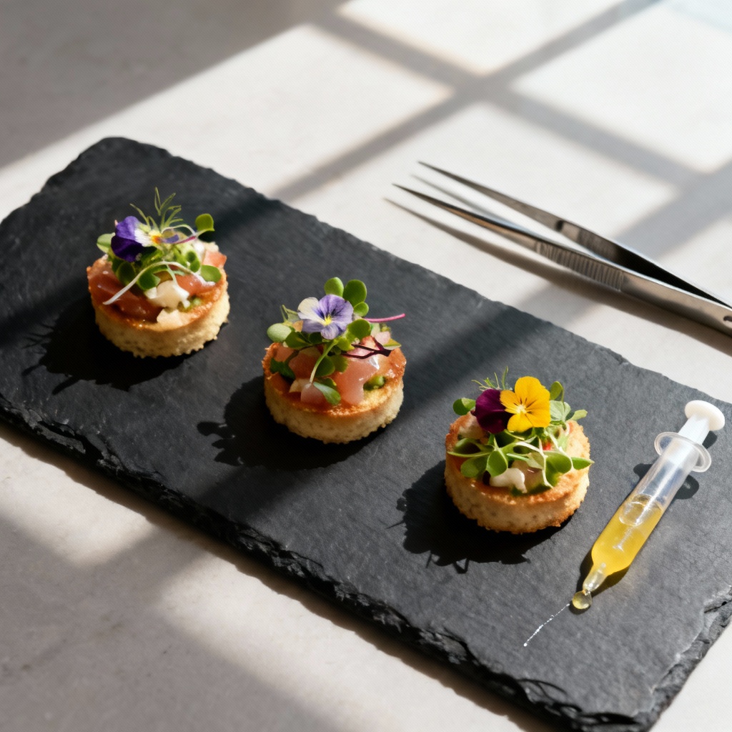 AI gourmet amuse-bouche trio on slate with microgreens