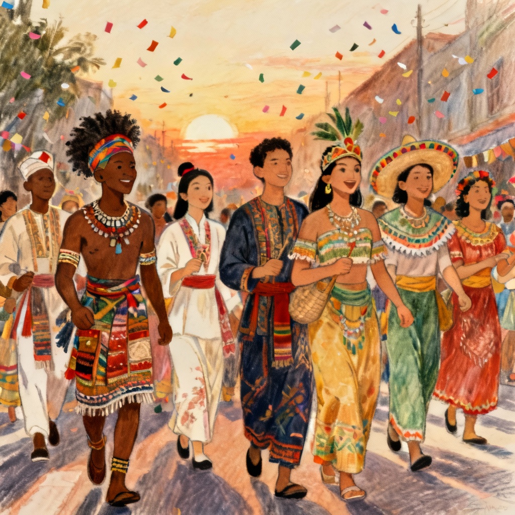 AI cultural illustration of a multicultural festival street procession with traditional costumes