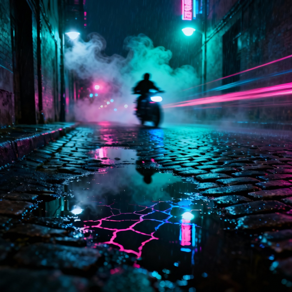 AI neon rain alley at midnight with cyberpunk colors