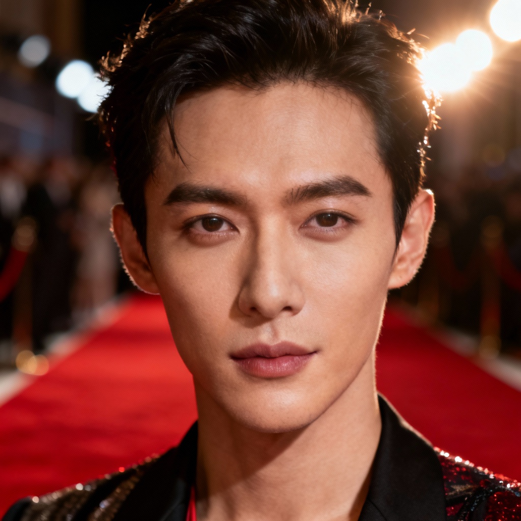 AI-generated celebrity look-alike portrait on a red carpet