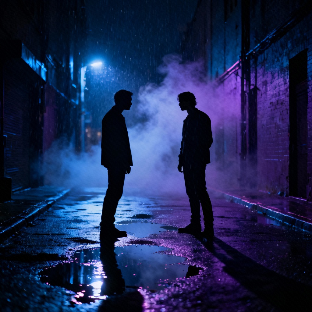 AI-generated noir alley standoff with cinematic tension