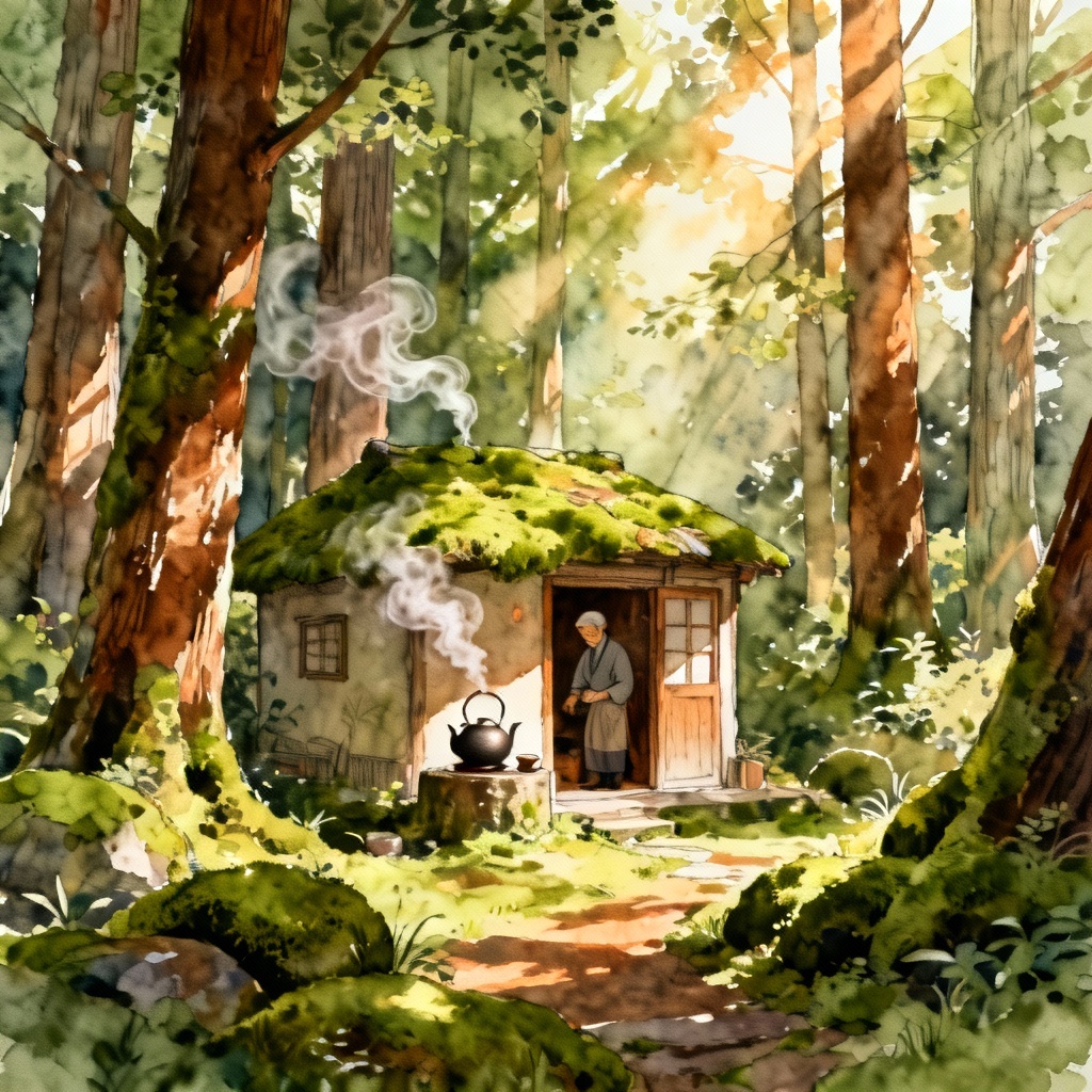 Mossy forest tea house with cozy, hand-drawn animation vibe
