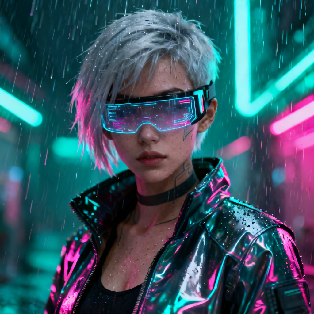 AI computer generated character portrait with neon city lighting