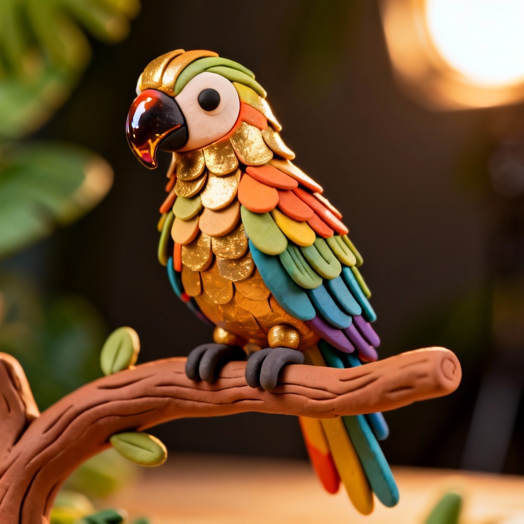 AI clay parrot perched on a clay branch with tropical colors