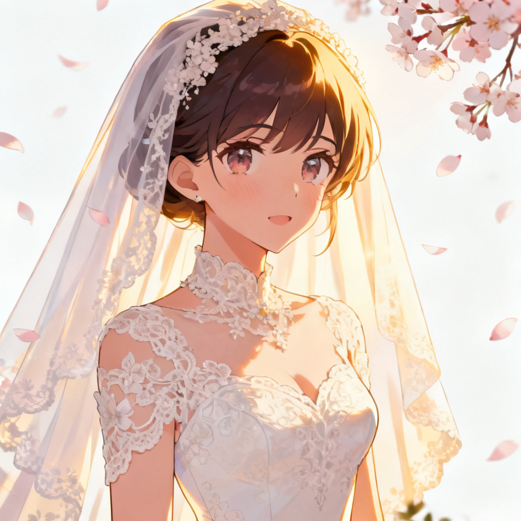 AI anime bride portrait with lace dress and cherry blossoms