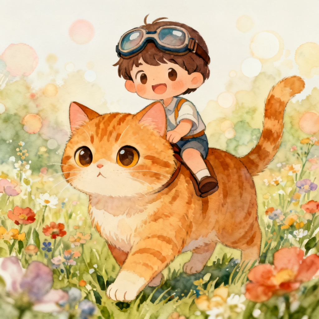 Cute child riding a ginger cat through a flower meadow