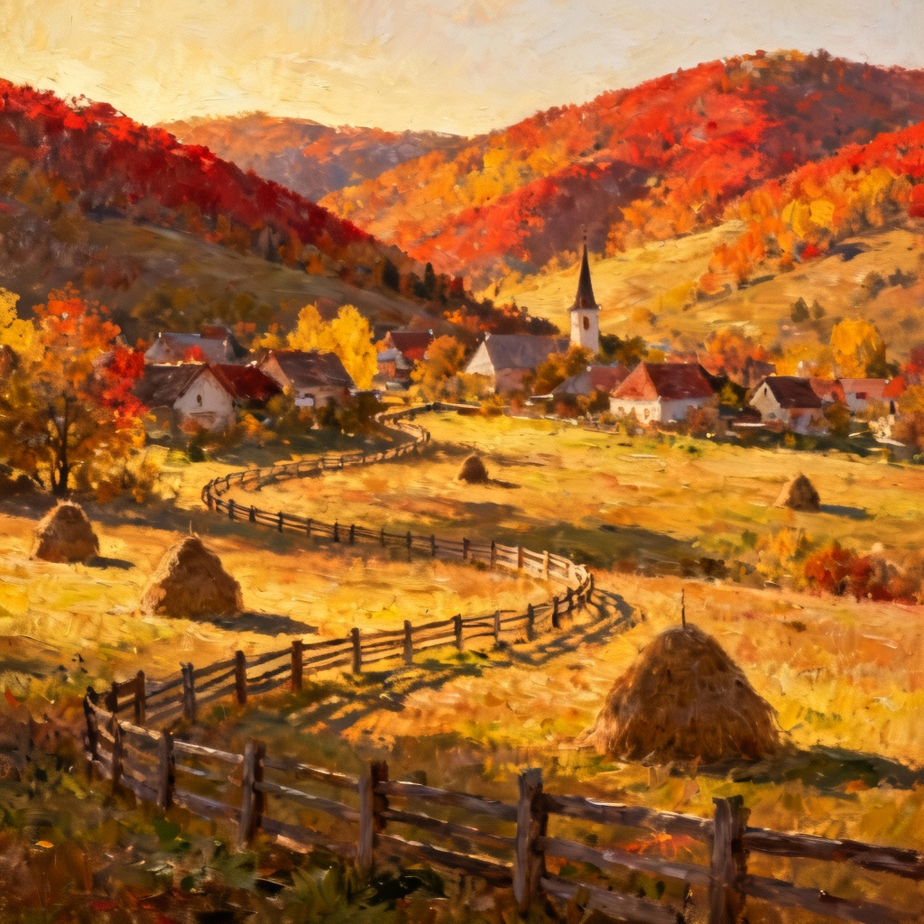 AI Transylvanian village landscape in autumn