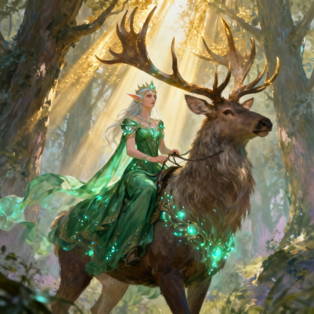 Fantasy queen riding a giant elk in forest
