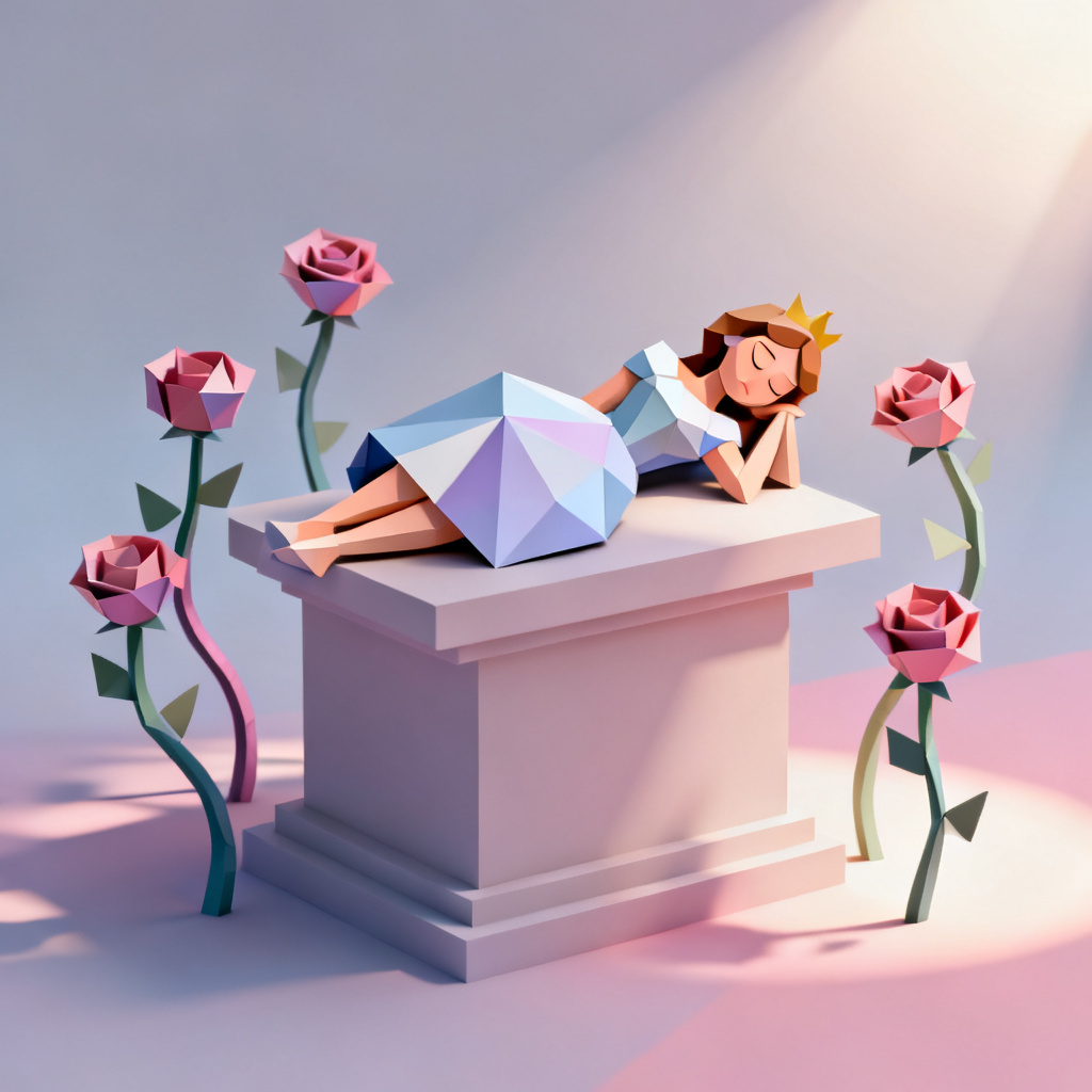 AI low-poly 3D sleeping princess with stylized roses