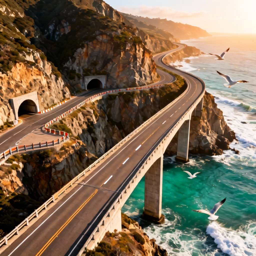AI road generator coastal highway above ocean cliffs
