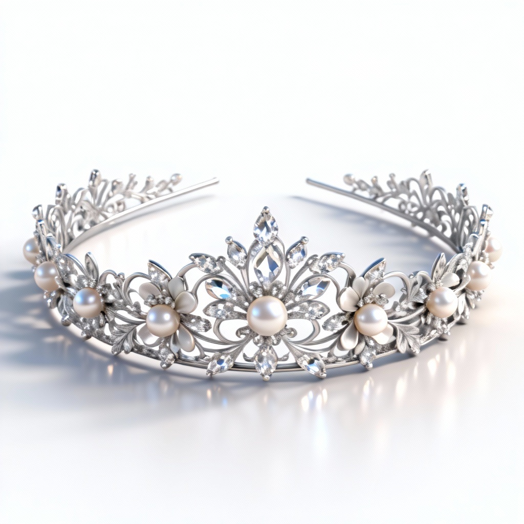 AI-generated crystal bridal tiara with pearls and floral filigree