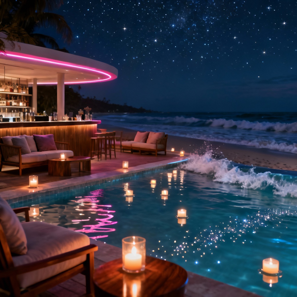 AI night render of a luxury resort pool bar and beach club