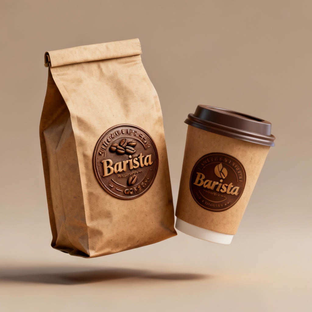3D AI coffee packaging mockup with cup and beans