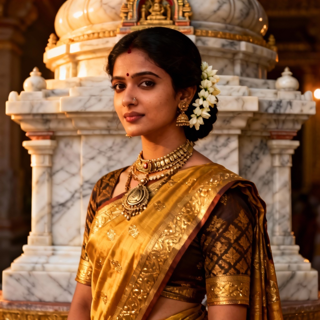 AI traditional sari with temple jewelry in warm light