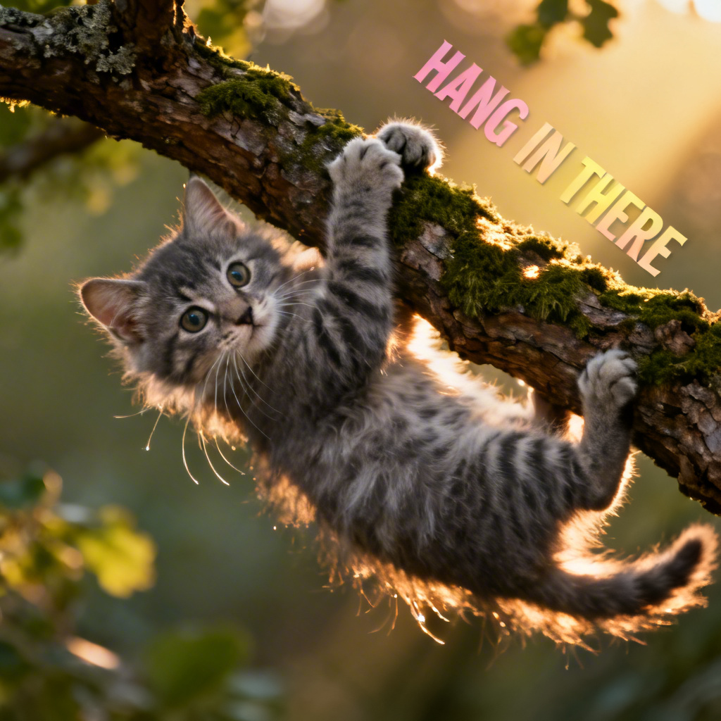 Photorealistic hang in there cat poster with cinematic lighting