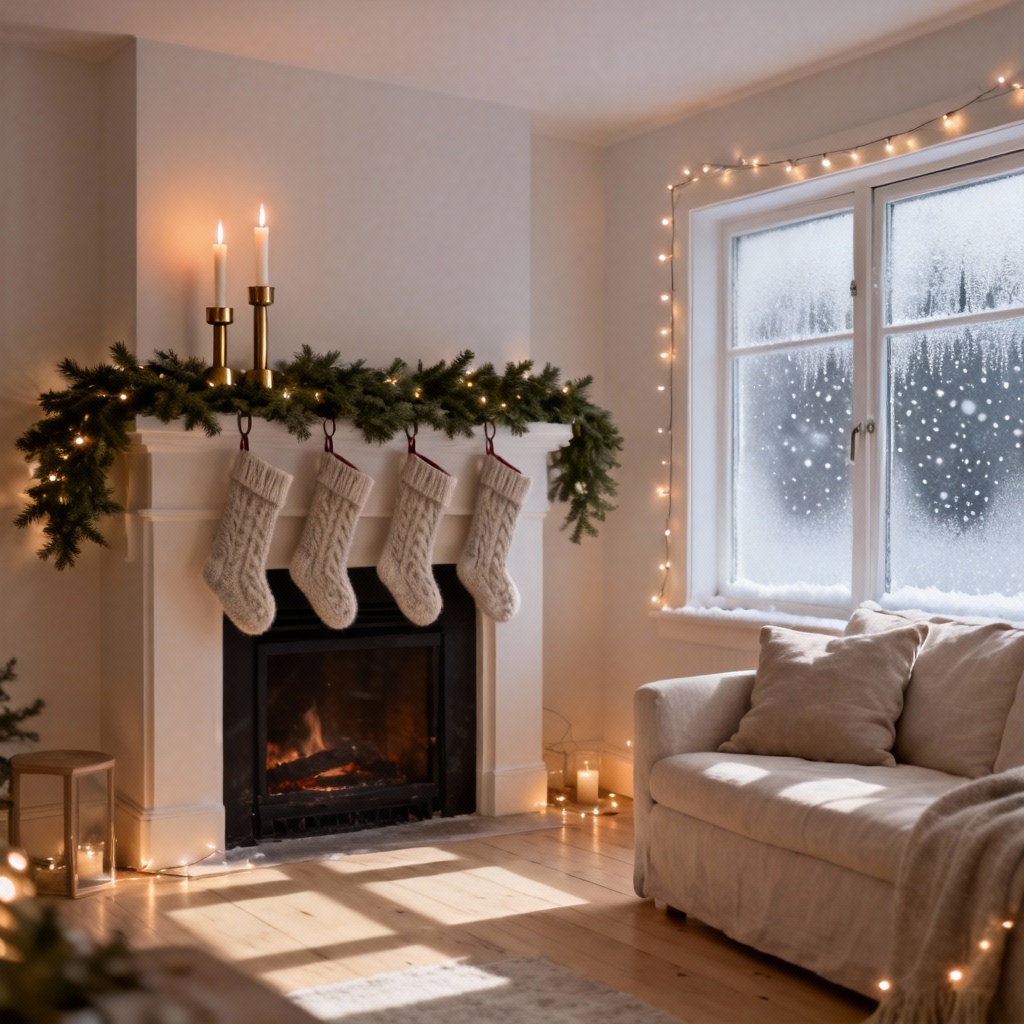 AI Christmas living room decor scene with Nordic garland and stockings