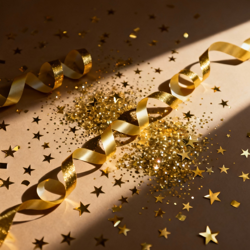 AI flat lay with gold confetti, ribbons, and star sequins