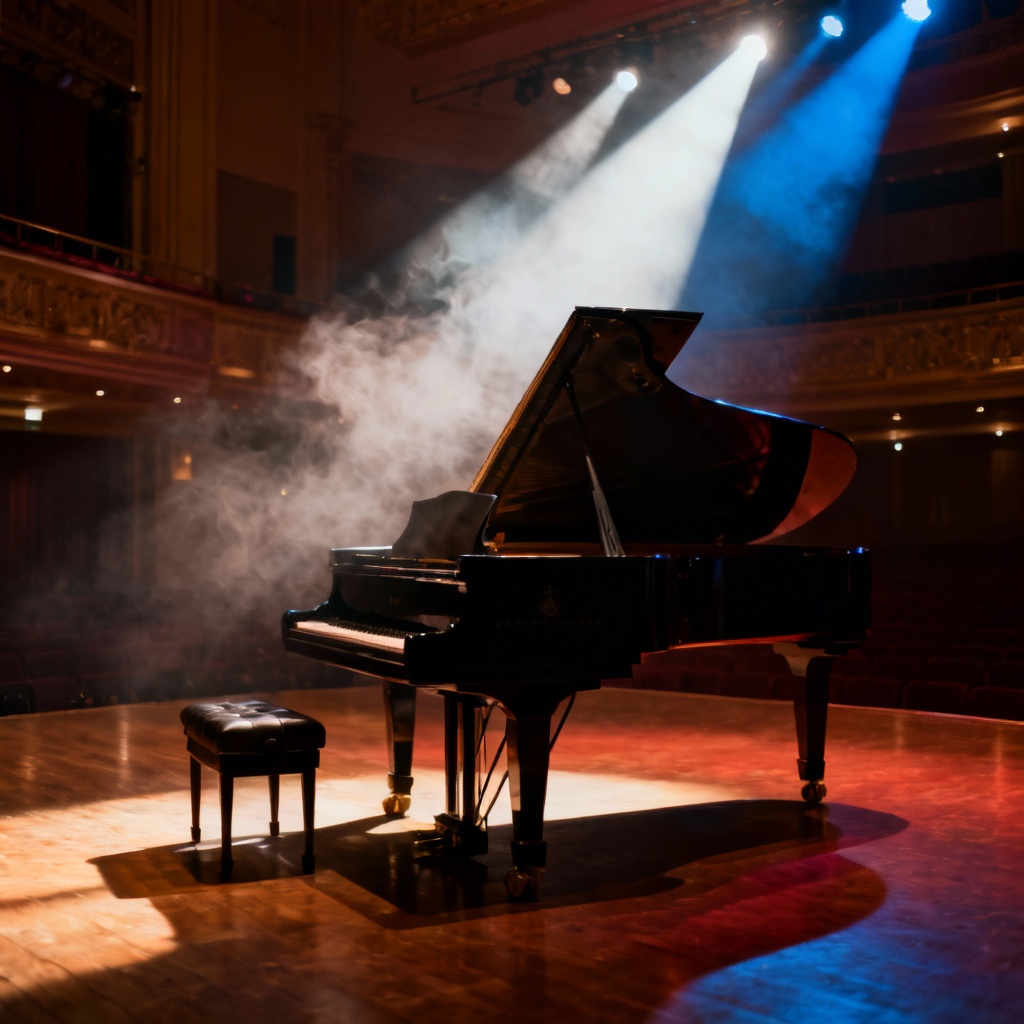 AI Emotional Cinematic Piano Artwork in moody theater lighting