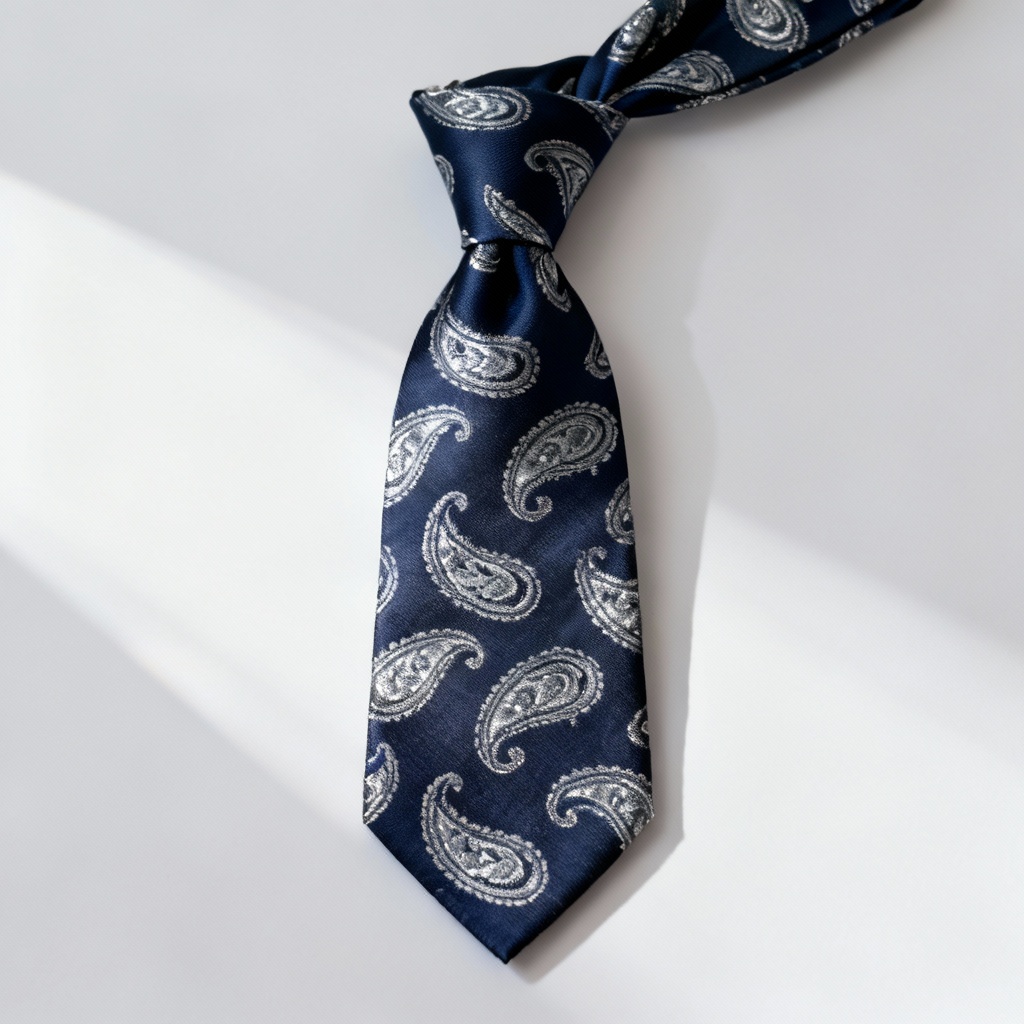 AI-generated silk paisley tie flat lay in navy and silver