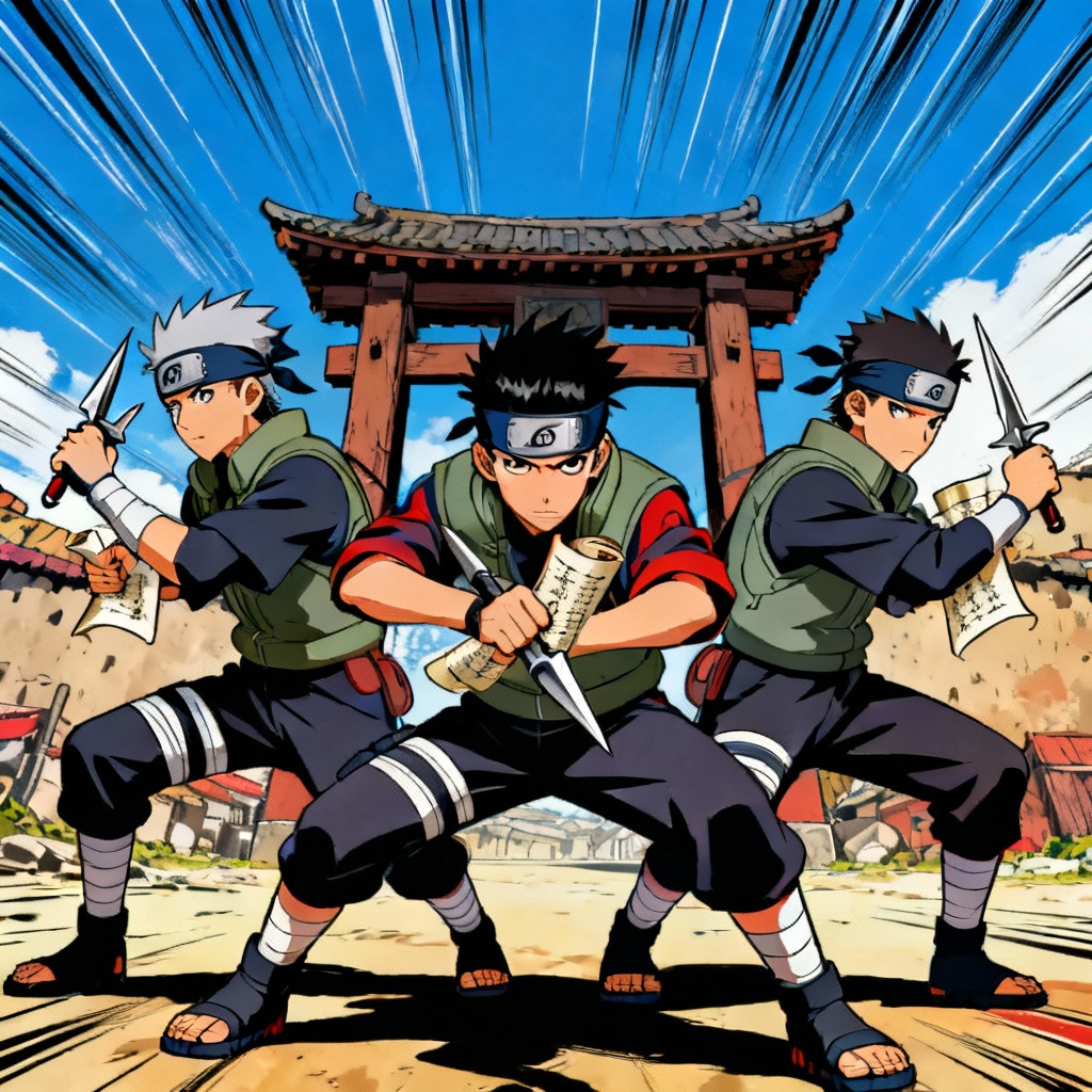 Three-person ninja squad pose in Naruto style