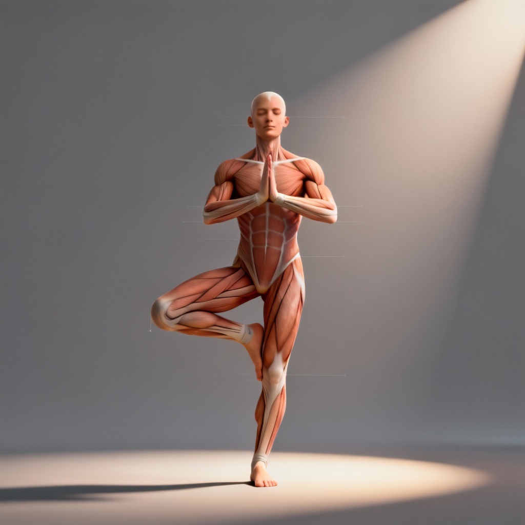 3D yoga model demonstrating Tree Pose with alignment lines