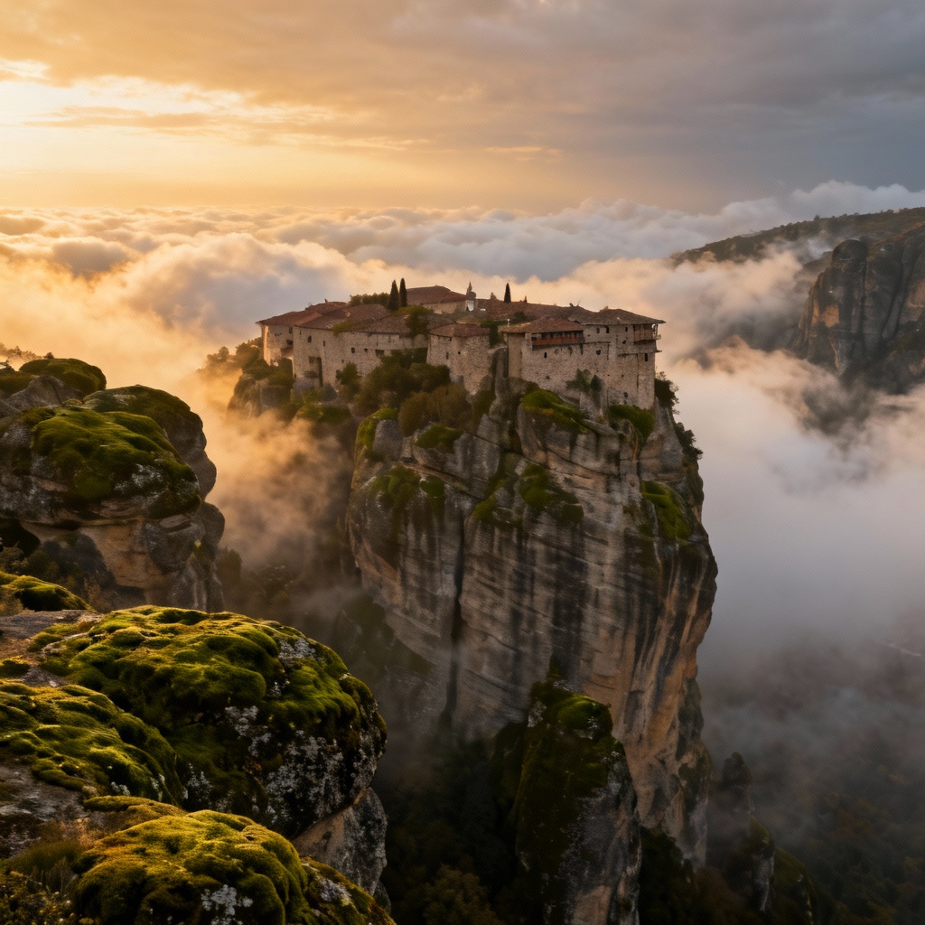 AI landscape of Meteora monastery in misty clouds