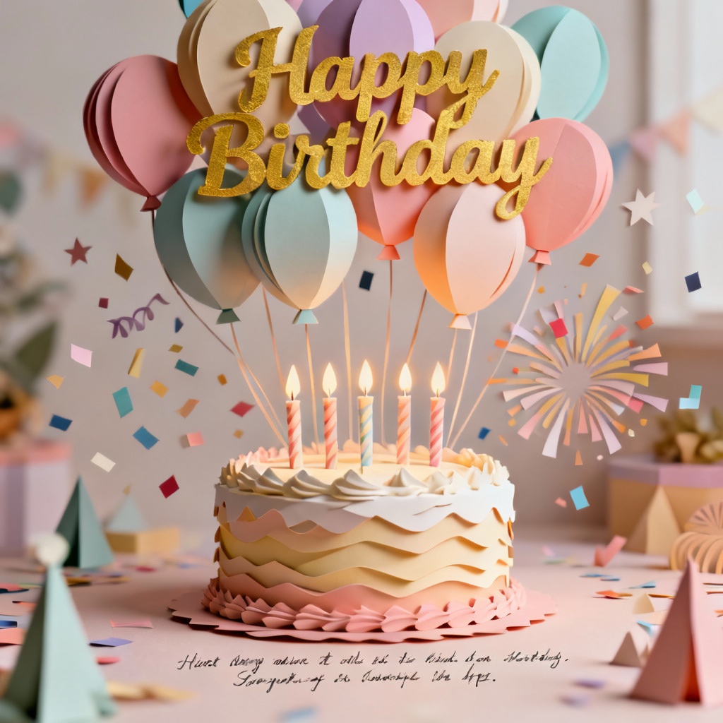 AI birthday card with balloons, cake, and confetti
