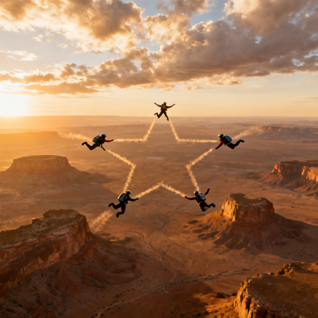 AI skydive star formation over desert at dawn