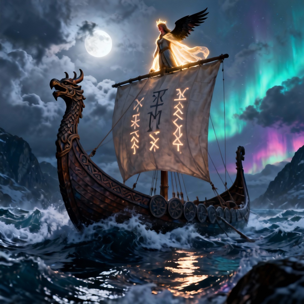 AI Viking legend generator hero image with longship and valkyrie over stormy fjord