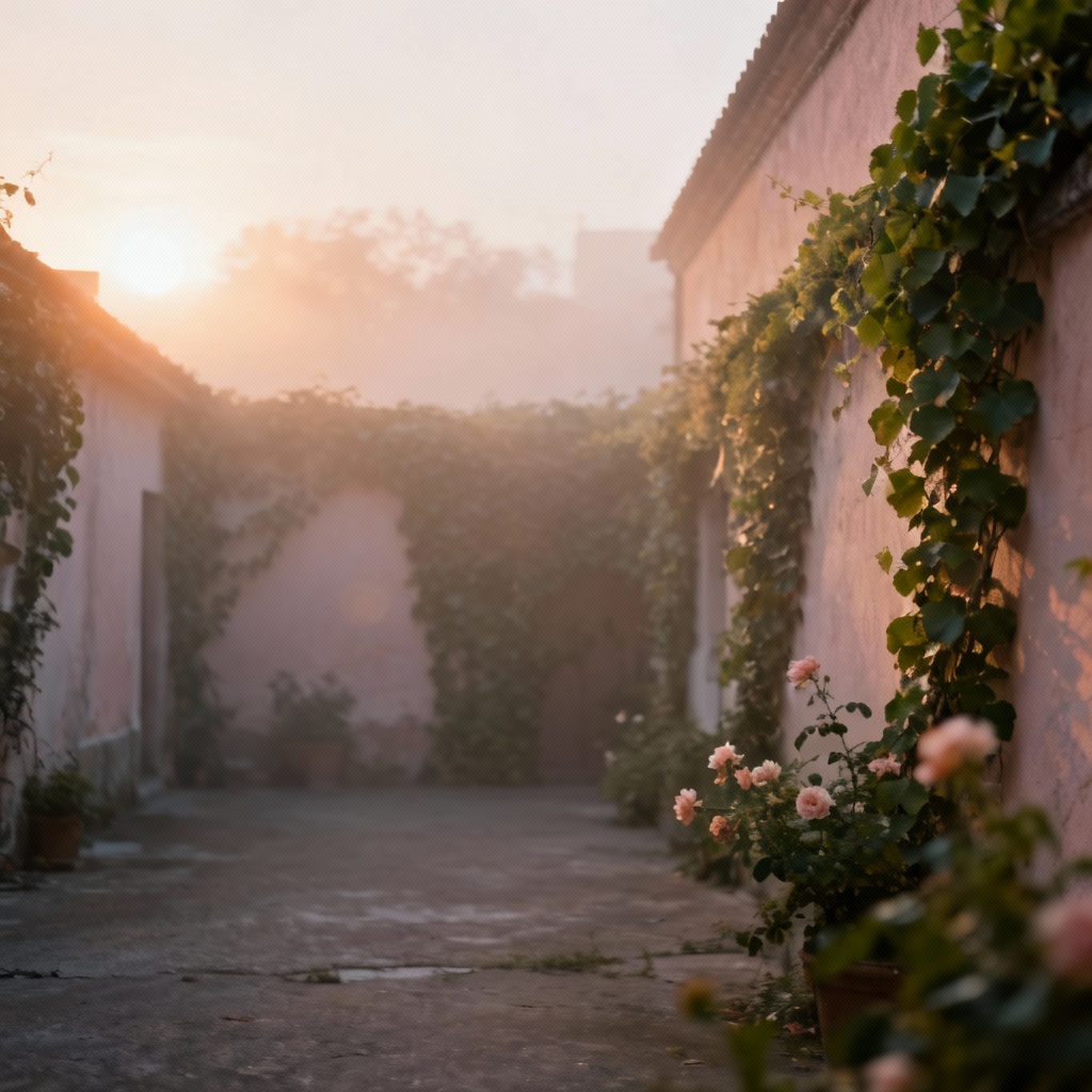 AI soft atmosphere courtyard scene at pastel dawn