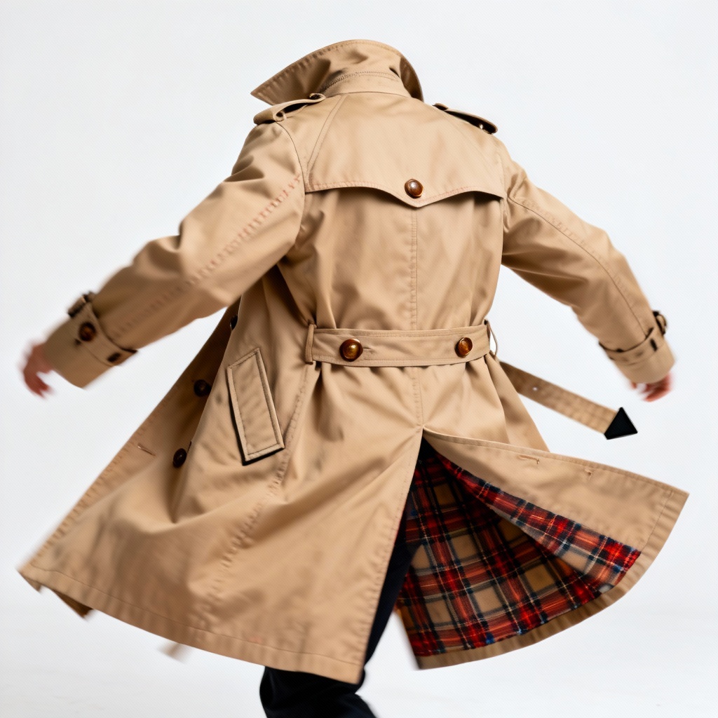 AI heritage trench coat with tartan check lining shown mid-swing