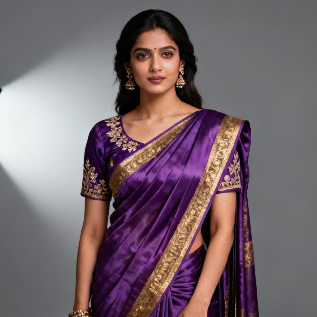 AI Purple Silk Saree With Zari Border In Studio