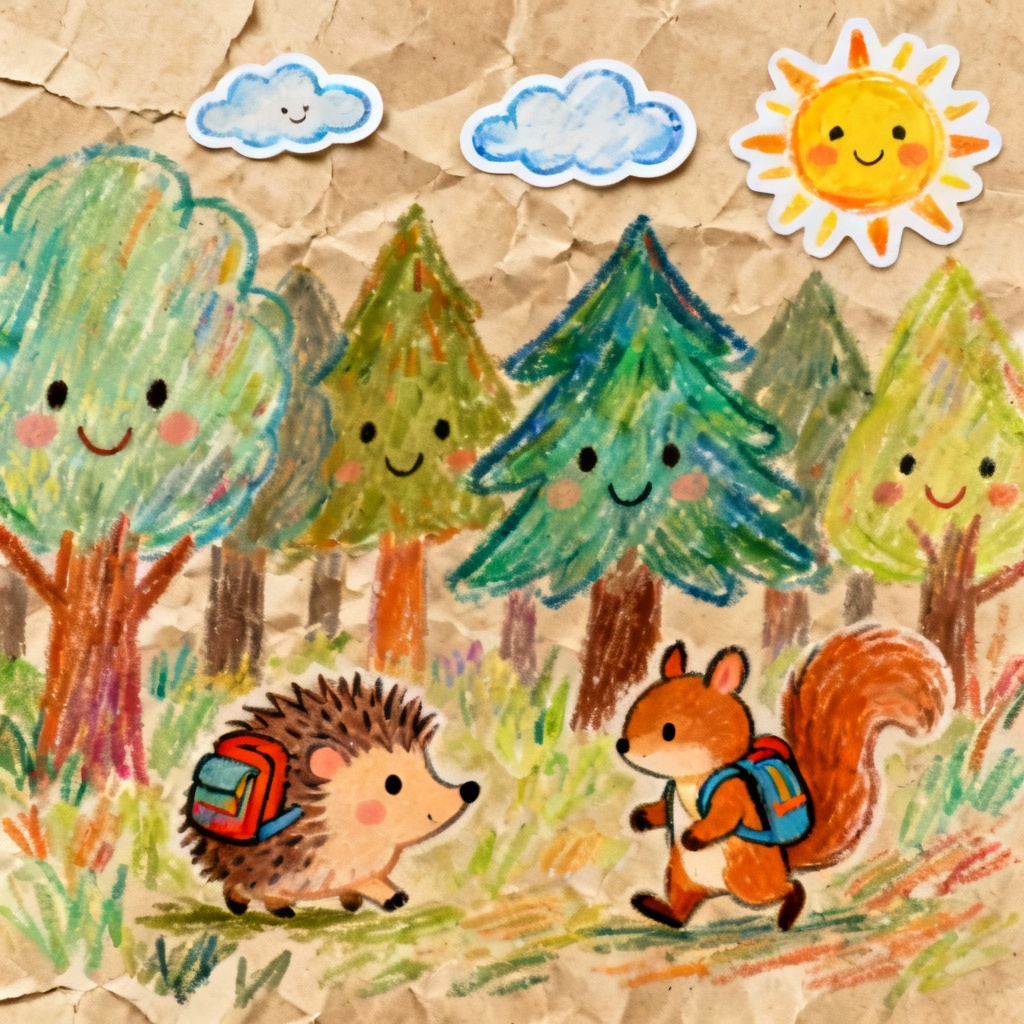 AI childlike crayon forest scene with friendly creatures
