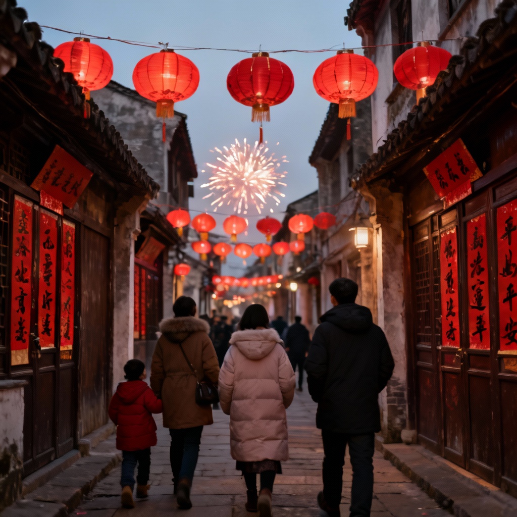 AI Lunar New Year street with red lanterns and festive glow