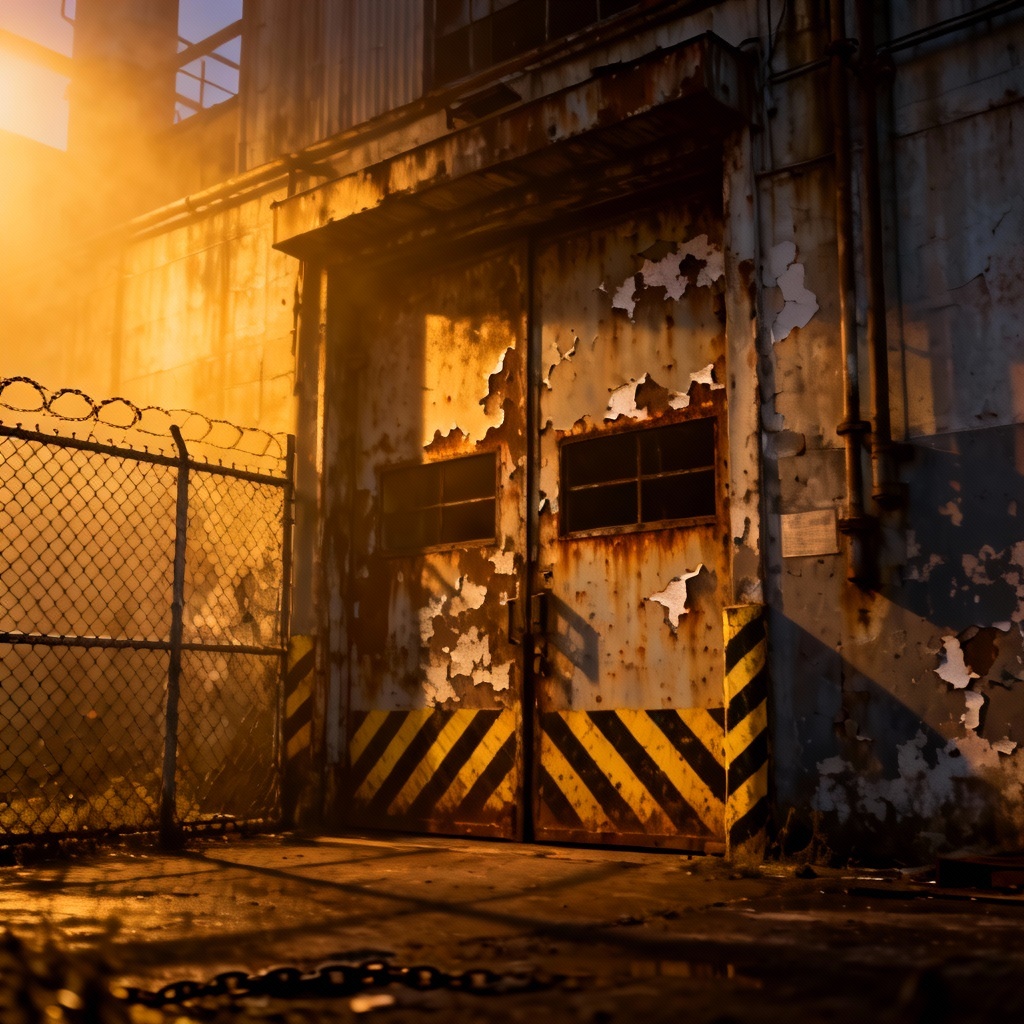 AI industrial factory entrance with rusted doors and fog