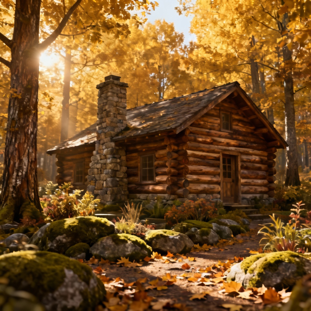 Rustic log cabin exterior in autumn forest