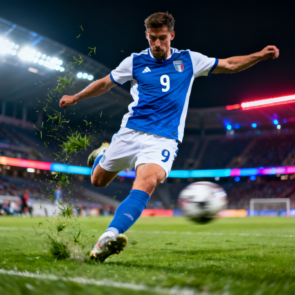 AI soccer player striker action shot in stadium