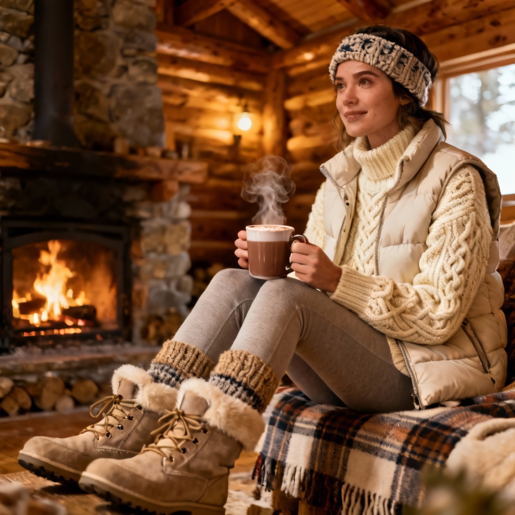 AI après-ski winter outfit with knit sweater and snow boots