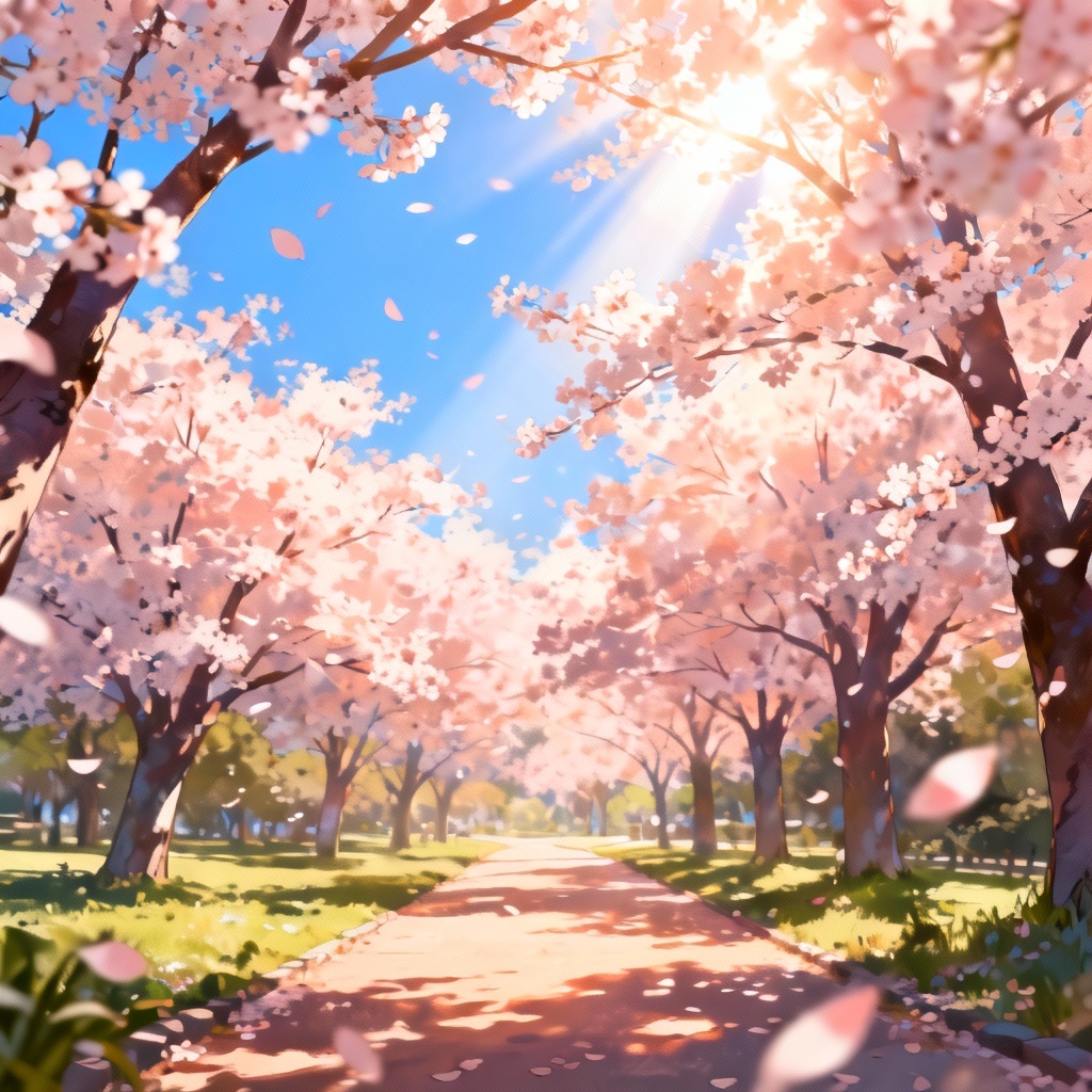 Cherry blossoms drifting across a sunlit anime park path