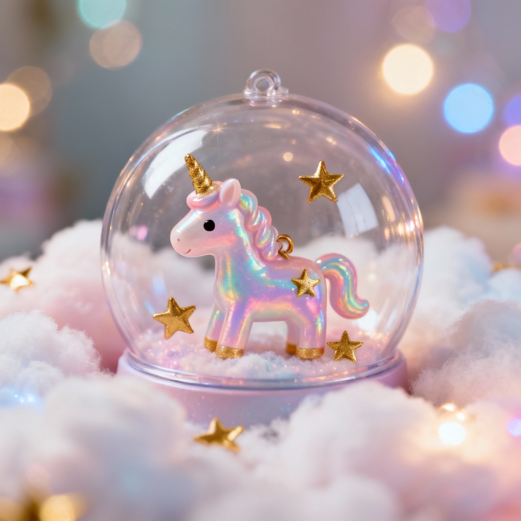 AI unicorn gacha charm toy with pastel clouds