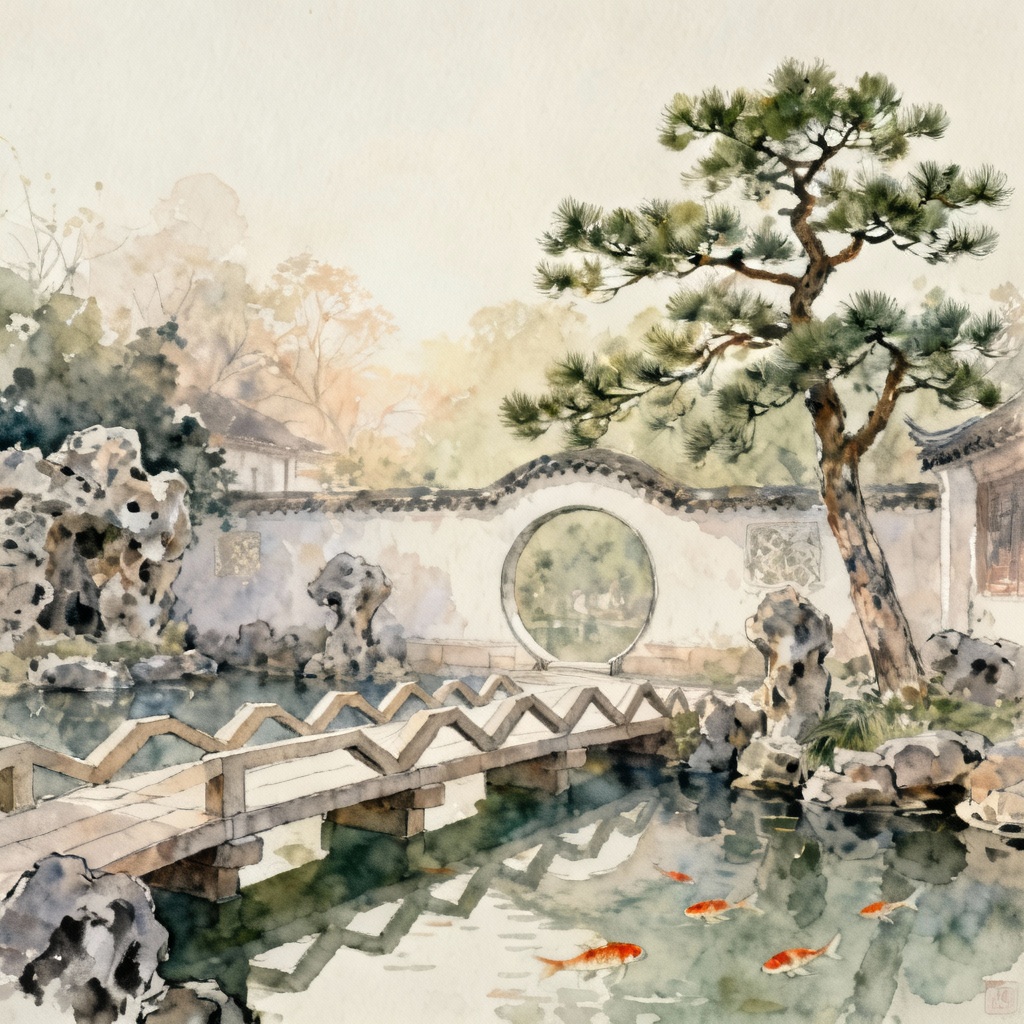 AI watercolor of a Suzhou classical garden with bridge and pond