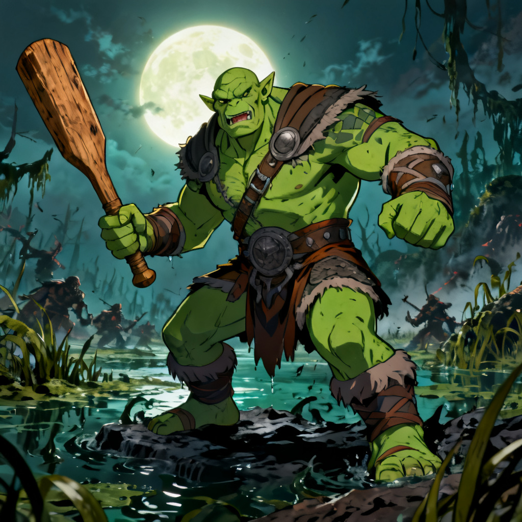 AI Anime Ogre Warrior with fantasy swamp background