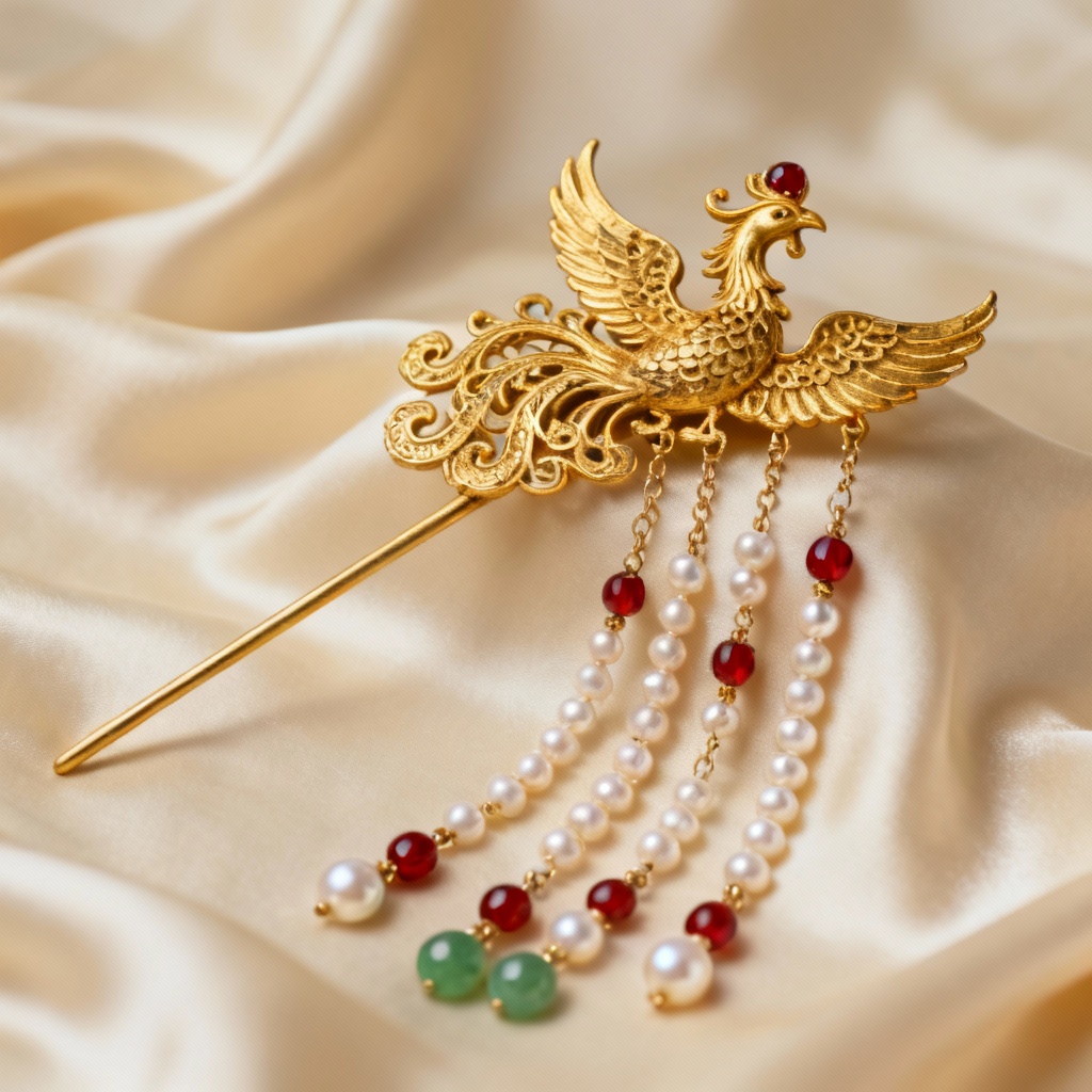 Photorealistic Tang dynasty inspired golden phoenix buyao hairpin on silk