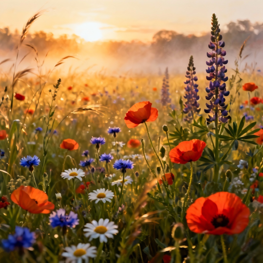 AI wildflower meadow at sunrise with poppies, cornflowers, and daisies