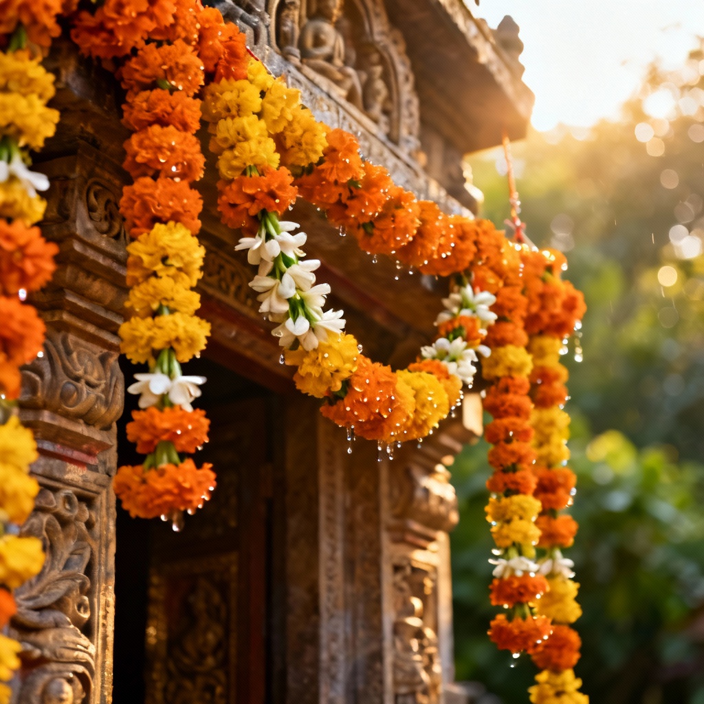 Photorealistic marigold garland toran at temple entrance