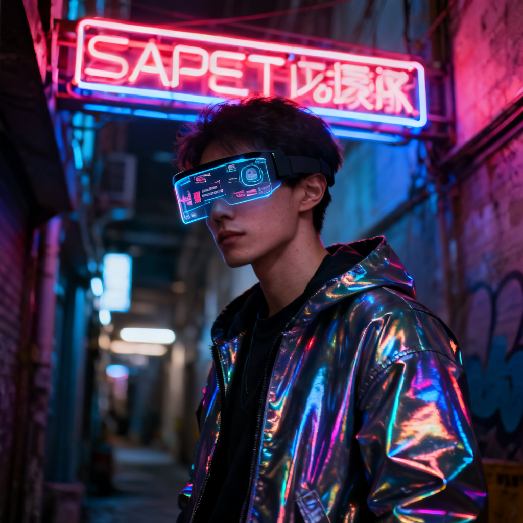 AI cyberpunk street hacker original character with visor