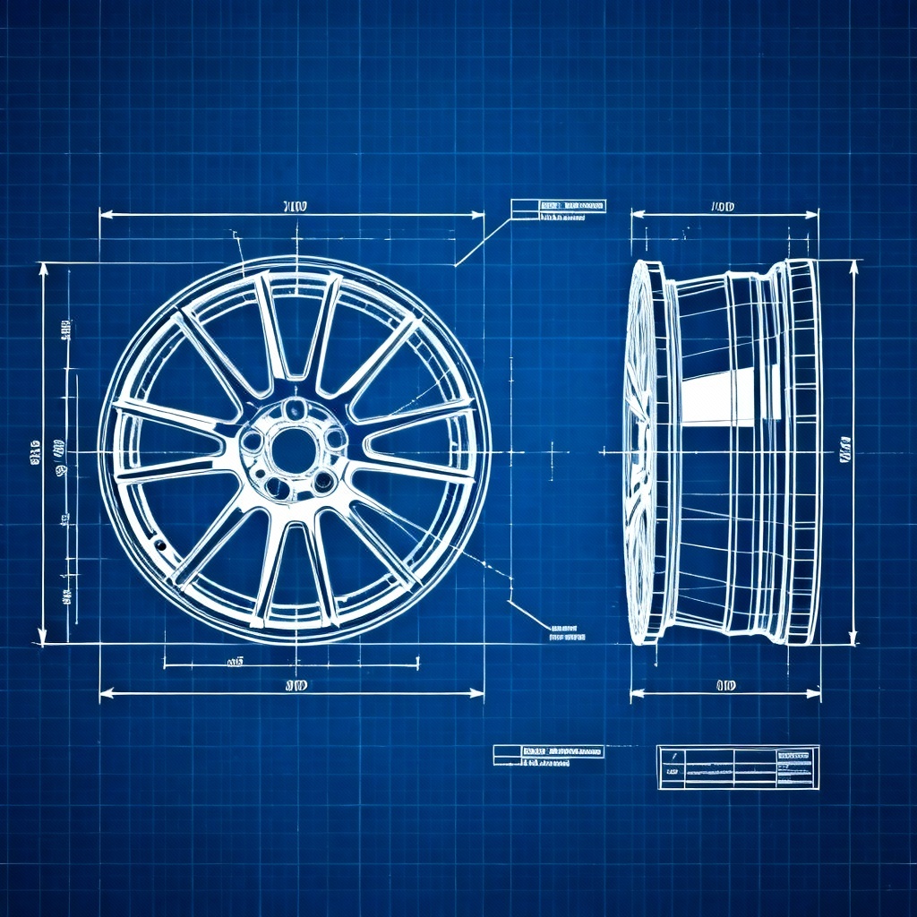 AI blueprint line art of a forged alloy wheel