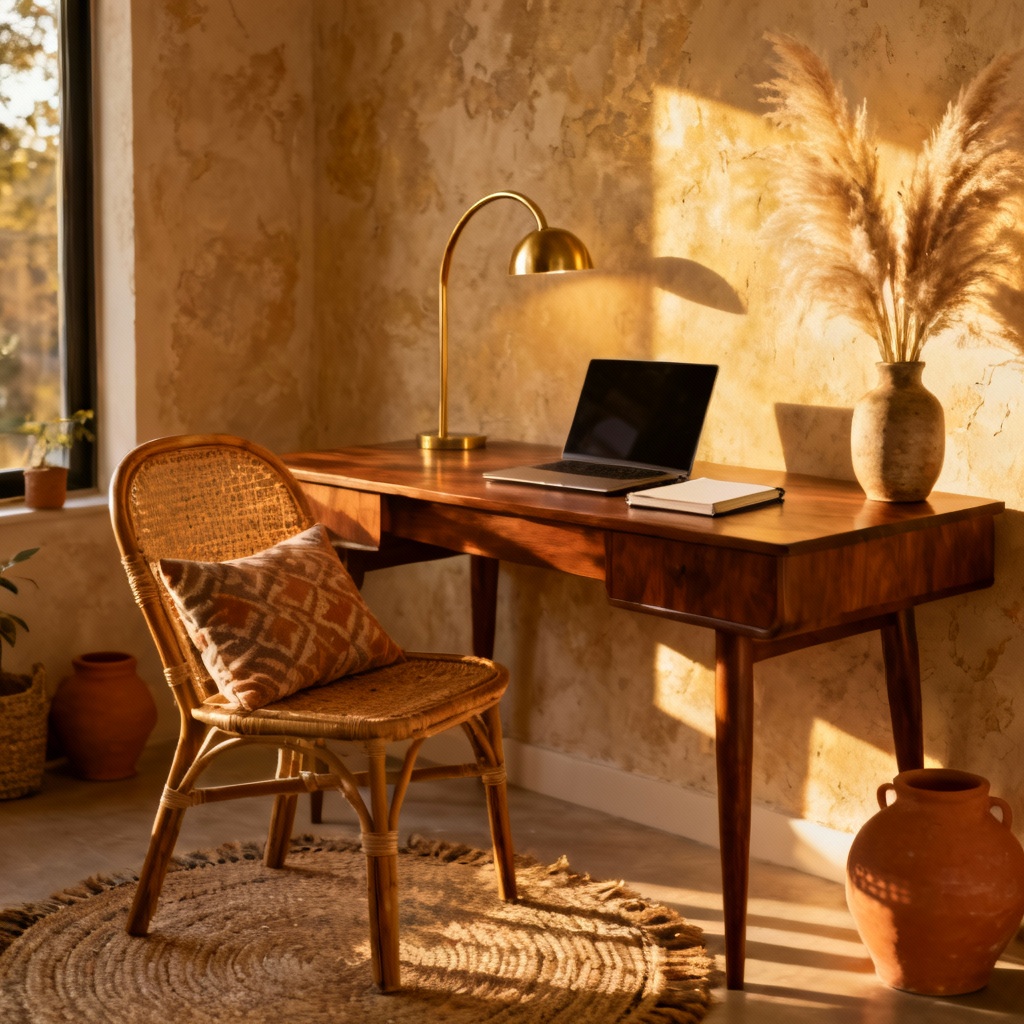 AI boho home office nook with rattan chair, warm rug, and terracotta accents